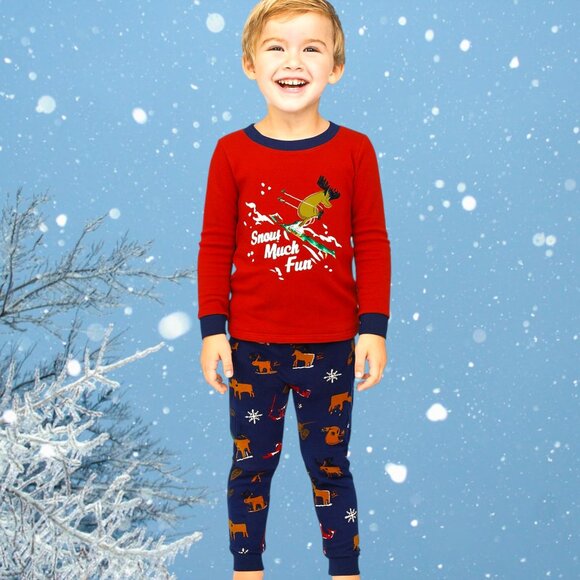 Kids Snow Much Fun Holiday Pajama Set – Moose Ski Long Sleeve Top & Winter Print - Picture 3 of 5